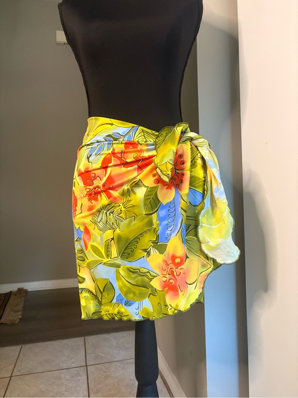 Sea Yellow Floral Tie-Side Sarong with Orange and Blue Accents
